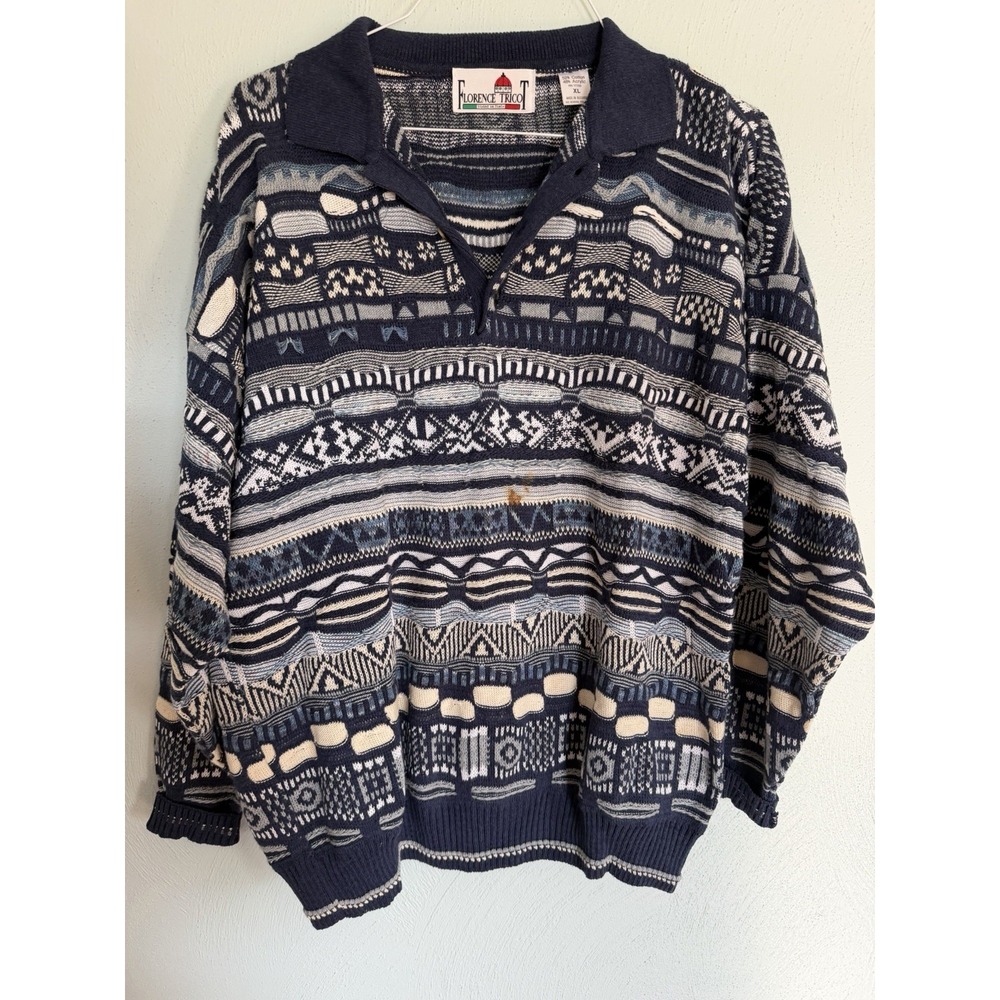 vintage Florence Tricot 3D textured knit sweater classic polo collar geometric